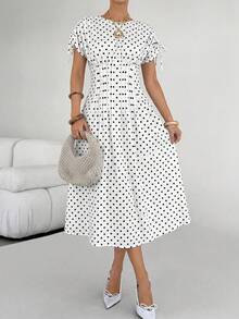 Siren Gaze Summer Elegant French Casual White And Black Polka Dot Maxi Dress For Women, Short Sleeve Tie Strap Ruched Waist Side Slit A-Line Long Dress, Beach - White - View 8