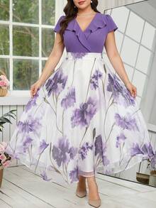 Reflora 大码女士优雅印花连衣裙，夏季婚礼宾客礼服 - 彩色 - 查看 4
