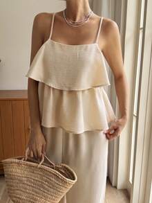 Livesso Jumpsuit Wanita Warna Polos dengan Motif Patchwork, Ruffle, Saku, dan Tali Bahu, Warna Beige, Jumpsuit Kasual Musim Panas untuk Wanita - Khaki - View 3