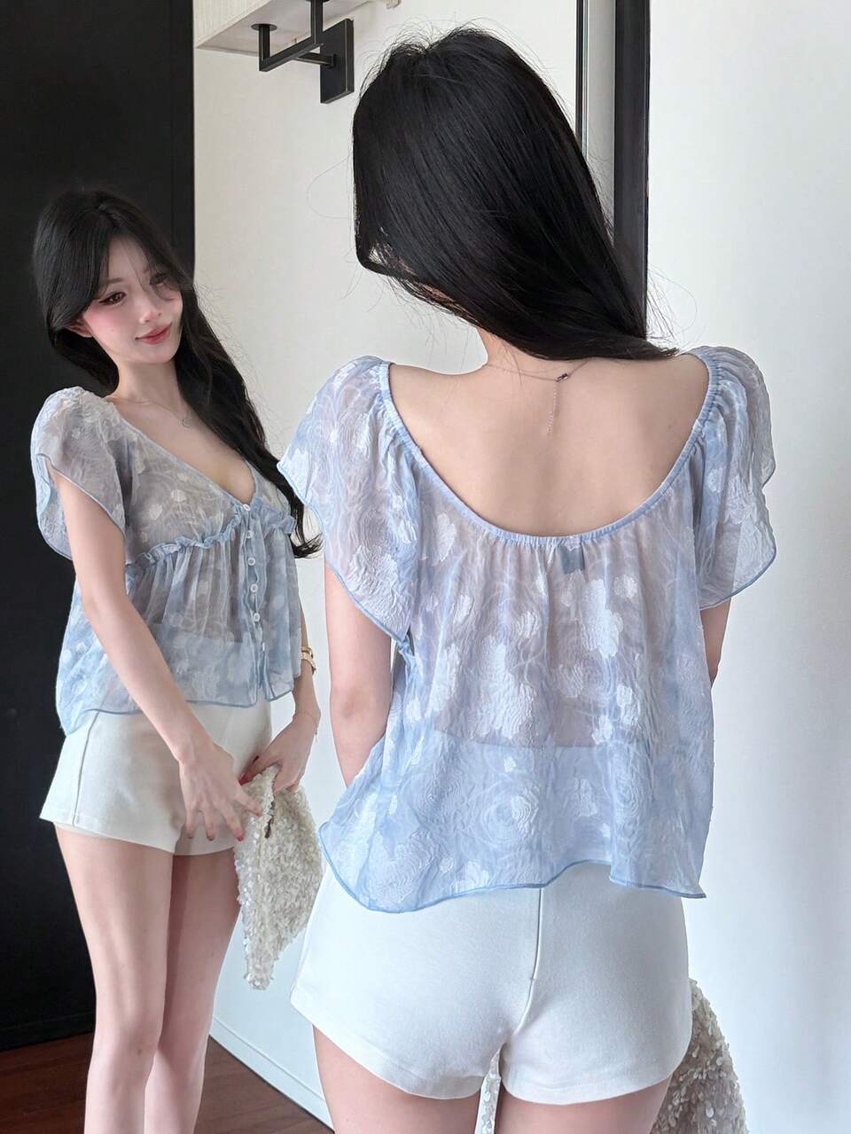 Women's Short Sleeve Blouse, Light Blue Floral Ditsy Floral, Elegant Casual Vacation Wedding Vacation Top, Summer