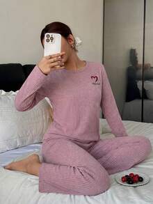 Lotus Root Pink Round Neck Embroidered Comfortable Long Sleeve Pants Women Pajama Set - Dusty Pink - View 4