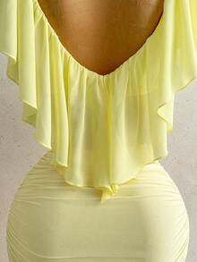 Soleia New Romantic V-Neck Ruffle Low Waist Ruched Slim Fit Bodycon Mini Skirt Women's 2-Piece Set For Beach, Cruise, Holiday, Date, Afternoon Tea, Vacation, Music Festival, Bohemian, Summer, All Season Wear - Light Yellow - View 8
