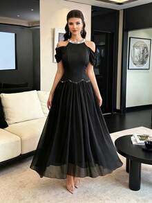 Modelyn Elegant Open Shoulder Halter Neck Beaded Long Evening Gown Dress For Women - Black - View 3