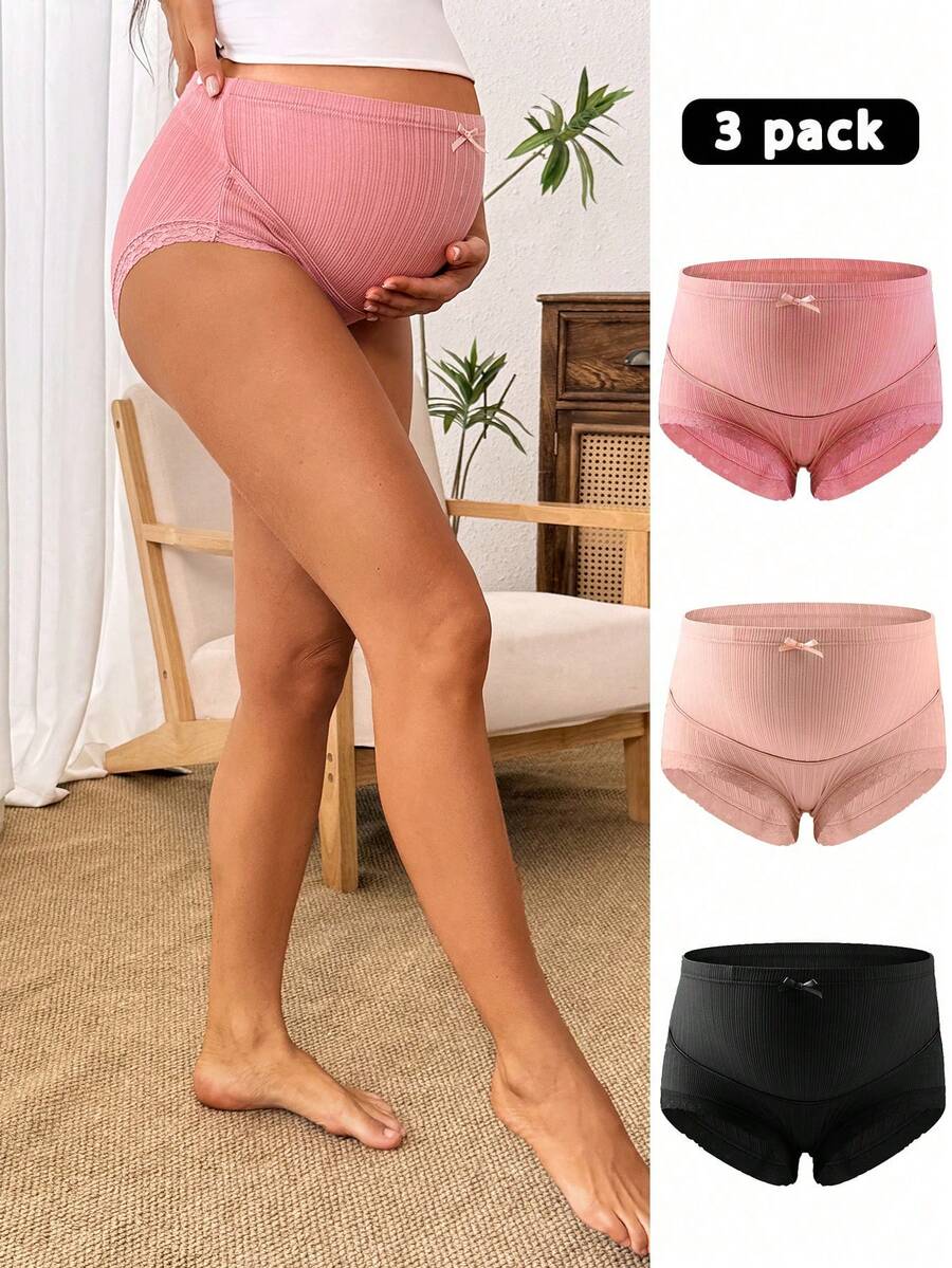 SHEIN 3pcs Maternity Solid Color Contrast Lace Bow Decorated Underwear Panties Set, Lingerie Bow Tie - Multicolor - View 1