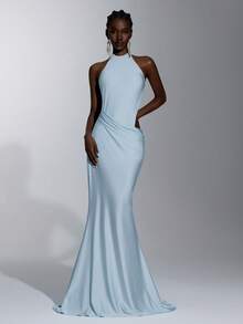 Elitara Elegant Blue Hollow Halter Neck Side Ruched Cutout Backless Bodycon Fishtail Formal Evening Gown Party Wedding Guest Spring - Baby Blue - View 7