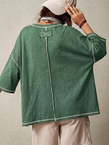 Bohemela Casual Solid Color Knit Round Neck 3/4 Sleeve Loose Washed T-Shirt Holiday Forest Green Autumn - Dark Green - View 2