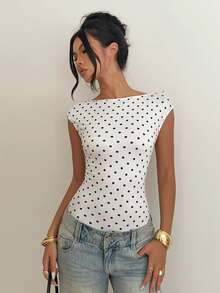 Aloruh Women's Elegant Off-Shoulder Backless Fitted Polka Dot Short Sleeve Bodysuit - Multicolor - View 5