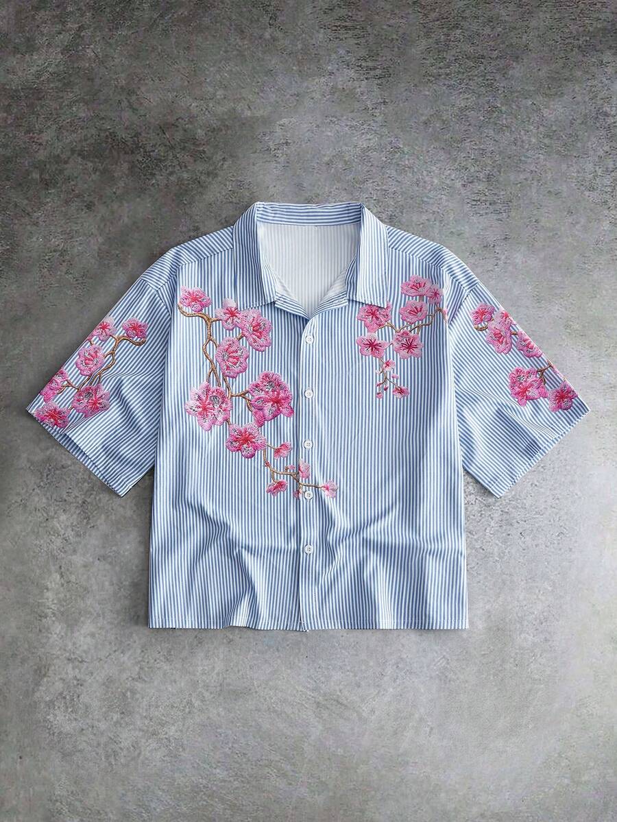 GENTILAND 男士休閒條紋花卉印花襯衫 - 彩色 - 查看 1