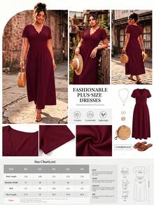 Breezaya Đầm dài công sở thời trang cổ lượn sóng dành cho nữ cỡ lớn - Màu Đỏ Sâu - Xem 2