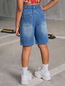 SHEIN 青少年女孩口袋鈕扣休閒百搭日常出遊牛仔短褲 - 中等水洗藍 - 查看 2