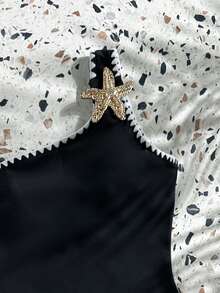 SHEIN Kids Teen Girl Summer Vacation Knit Black Shell Lace Contrast Color Starfish Metal Decor One-Piece Swimsuit Beach - Black - View 6