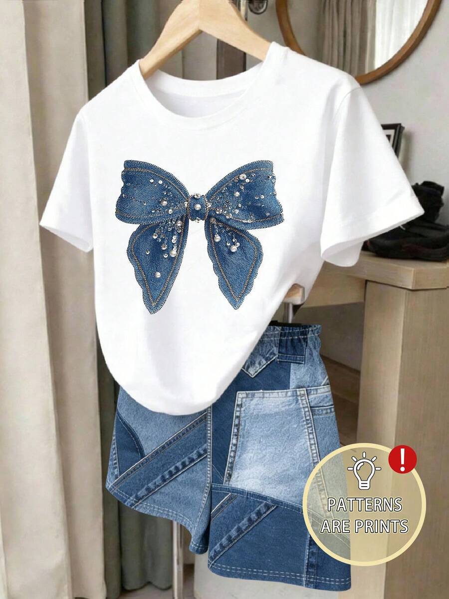 Tween女孩夏季秋季休閒時尚女童休閒簡約仿牛仔蝴蝶結印花白色短袖T恤美式復古牛仔拼接印花設計短褲2件套個性百搭女童T恤短褲套裝適合8Y-12Y女孩四季穿著 - 白色 - 查看 1