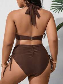 Swim SXY Plus Size Women 2-Piece Solid Color Underwire High Waist Triangle Bikini Set, Ruched Fashion Casual Swimsuit - Brown - View 2