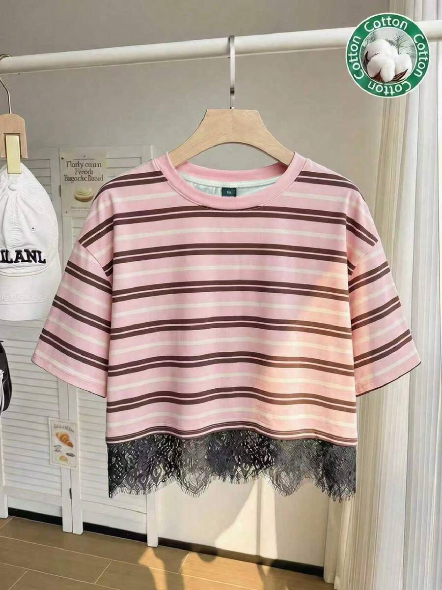 Comfortcana Plus Size Women Striped Short Sleeve Lace Hem Casual T-Shirt - Multicolor - View 1