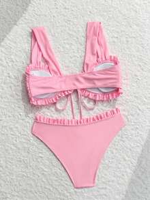 Swim Mod Girls Sweet 2pcs Floral Random Print Wide Strap Tie-Front Triangle Bikini Swimsuit Set - Pink - View 2