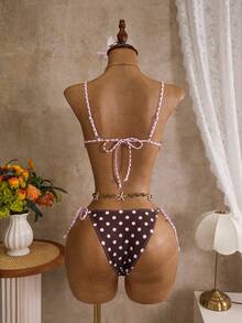 Swim Mod Conjunto de bikini de 3 piezas para mujer con falda de tirantes finos, estampado aleatorio y lazo de encaje, primavera/verano - Multicolor - Ver 8