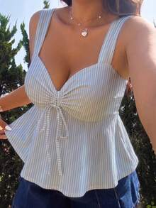 Muchica Casual Asymmetrical Thin Striped Drawstring Loose Fit Plus Size Women Tank Top, Vacation Wear, Cute Summer Top, Suitable For Spring & Summer - Multicolor - View 7
