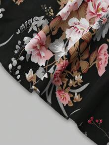 Elenzga 女款大尺碼印花拼色黑白休閒洋裝，腰部定義蝴蝶結打結設計，V領花卉印花修身長洋裝，簡約舒適印花度假春季洋裝 - 彩色 - 查看 6