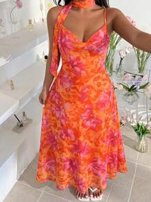 GalTyme Plus Size Women's Elegant Floral Print Spaghetti Strap Vacation Dress - Multicolor - View 8