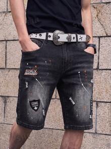 Manfinity LEGND Men's Letter Embroidery Contrast Color Ripped Slant Pocket Casual Streetwear Denim Shorts Holiday Dark Grey Summer - Black - View 5