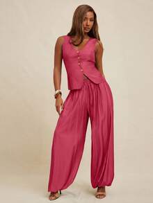 NYA SZN Matching Set Top & Pant Vest Plunge Neck Button Up Fitted High Rise Flowy Pleated Office Business  Everyday Casual Brunch Modest Outfits For Women - Red - View 8