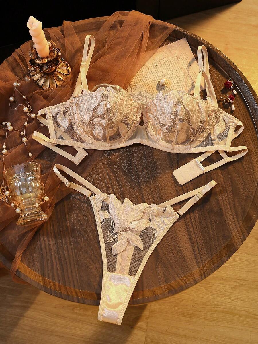 Divavoom Maple Leaf Burnout Half Cup Lingerie Set, Sexy Sheer 2-Piece Set - Champagne - View 1