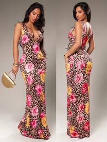 Vestido de mujer de verano, elegante y chic, combinación de marrón y amarillo con lunares, vestido de cuello en V escotado, vestido de sirena, vestido ajustado, vestido largo, v - Multicolor 2 - Ver 4