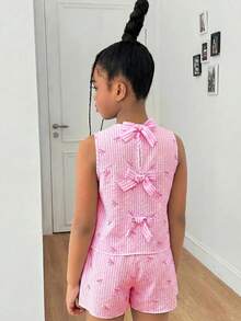 SHEIN 2件組 青少年女孩休閒紋理布料蝴蝶結露背背心上衣與短褲套裝 - 粉色 - 查看 2