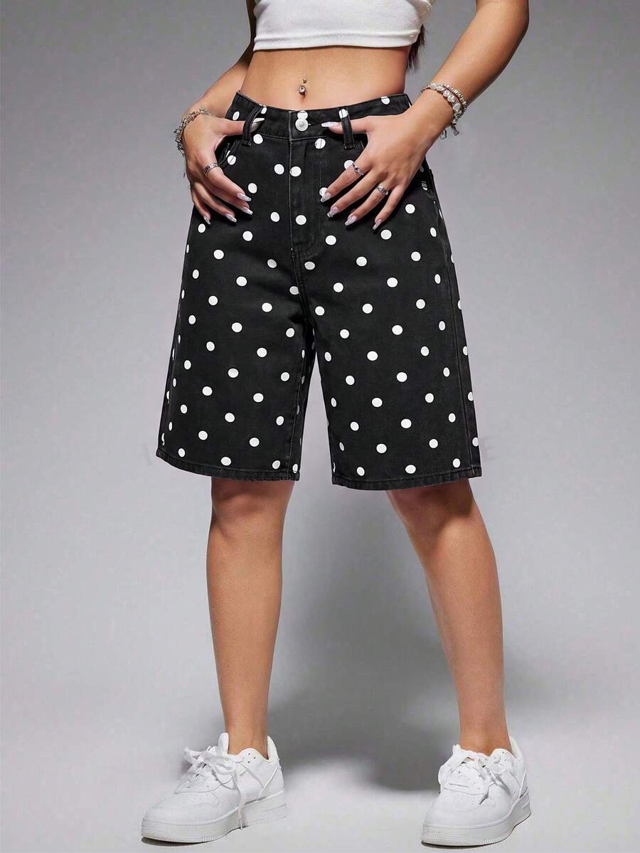 SHEIN EZwear 女款圓點圖案口袋休閒膝長牛仔短褲 - 黑色 - 查看 1