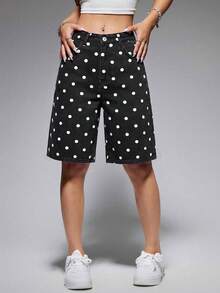 SHEIN EZwear 女款圓點圖案口袋休閒膝長牛仔短褲 - 黑色 - 查看 5