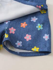 SHEIN Elladie kids 女童夏季休閒牛仔裙褲，幼女復古碎花印花牛仔連身防走光短裙（含內褲），可愛學院風下身，適合上學、公園及日常穿著 - 藍色 - 查看 12