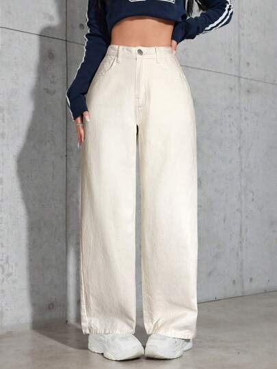 Pantalones largos de mezclilla holgados de pierna ancha con bolsillo color albaricoque para niña preadolescente
