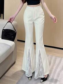 DAZY Women's Elegant Contrast Lace Flare Pants - White - View 3