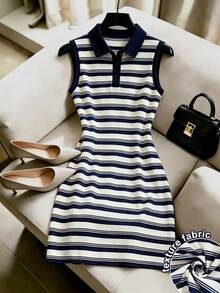 Franclia Preppy Striped Polo Collar Sleeveless Cinched Waist Fitted Short Knit Dress - Multicolor - View 4