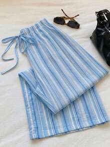 SHEIN EZwear 女款休閒腰部繫帶直筒長褲，適合夏季 - 淺藍色 - 查看 2