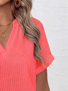 EMERY ROSE Fashion Casual Basic Waffle Fabric V-Neckline Rolled Cuff Design Plus Size T-Shirt - Red - View 3