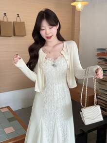 DAZY 两件套女式韩版拼接连衣裙和开衫套装，优雅的春夏休闲套装 - 杏色 - 查看 4