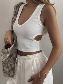 DAZY Women's Summer Round Neck Backless Hollow Design Fitted Cropped Casual Sexy Camisole Top Golf White - White - View 1