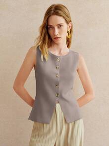 Pariaura Women's Solid Color Metal Single-Breasted Casual Sleeveless Knit Top - Khaki - View 5
