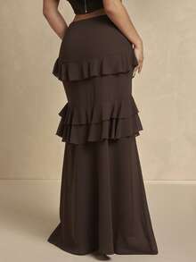 Silquee Women's Brown Chiffon Multi-Layered Ruffle Skirt, Suitable For Parties, Music Festivals, Gatherings, Everyday Wear, Vacations, And Dates. - Coffee Brown - View 2