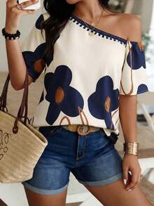 Louniche Off-Shoulder Floral Print Top, Beige & Navy Color Block Casual Blouse For Daily & Vacation - Multicolor - View 4