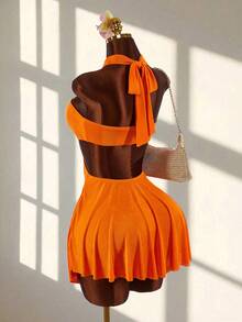Amplova Sleeveless Draped Neck Bodycon Mini Dress - Orange - View 12