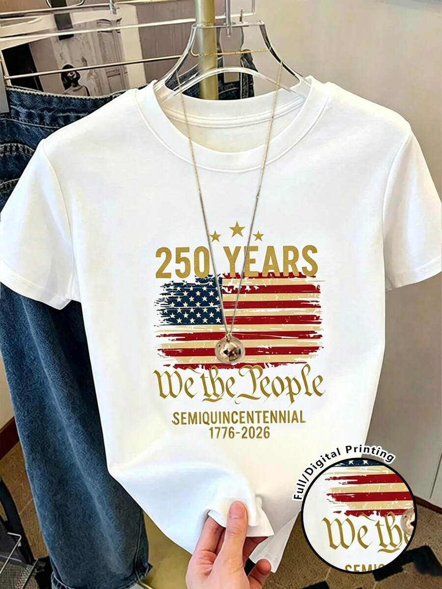 Resyla American Flag 250th Anniversary Women's Casual Short-Sleeve T-Shirt, A Summer Essential, Fashionable And T-Shirt, Suitable As A Gift For Siblings, Suitable As A Gift For Sisters, Suitable As A Gift For Mom, Mother's Day Gift, A Casual And Stylish Top. - White - View 1