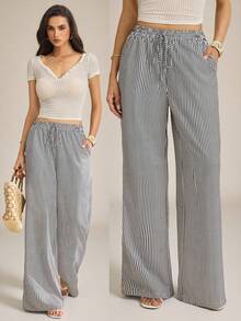 SHEIN Tall 女款黑白條紋寬腿口袋長褲，夏季波西米亞度假休閒寬鬆褲，大尺碼春夏海灘郵輪風，適合高個女性 - 黑與白 - 查看 1