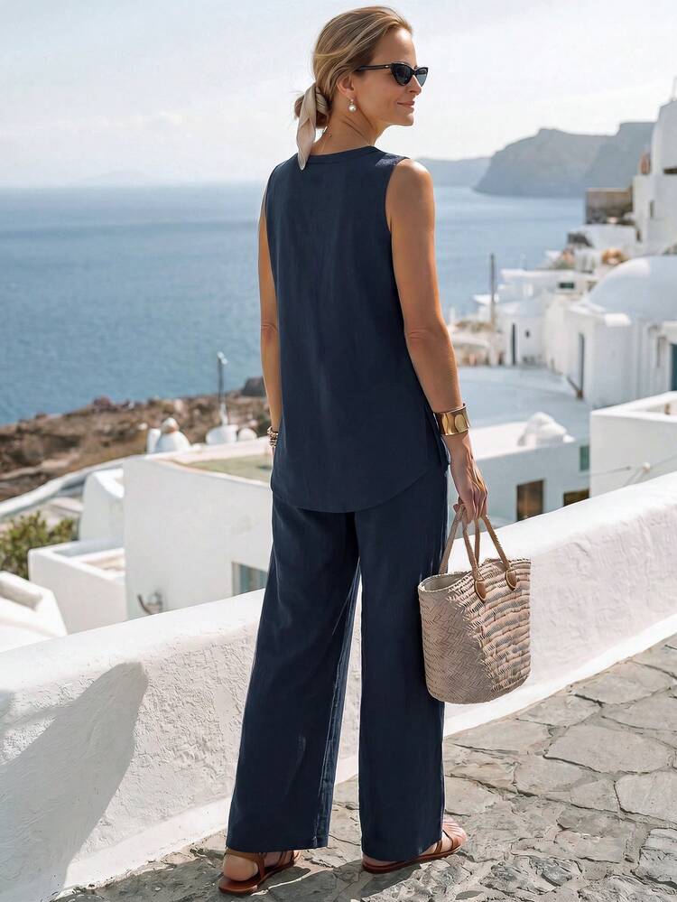 Women's Vacation Casual Solid Color Tank Top And Pants 2 Pieces Set Vacation Navy Blue Summer Women Cotton Co Ord Set Summer Outfits For Women