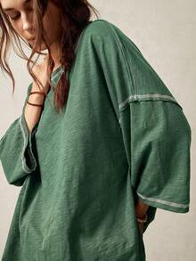 Bohemela Casual Solid Color Knit Round Neck 3/4 Sleeve Loose Washed T-Shirt Holiday Forest Green Autumn - Dark Green - View 8