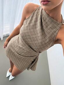 Siren Gaze Luxury Elegant Plaid Dress Halter Ruched Wrap Mini Dresses Summer Vacation Casual Going Out - Multicolor - View 6