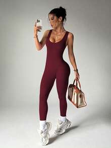 Slayform Slayform Seamless Solid Color Minimalist Versatile Athletic Tight Jumpsuit - Burgundy - View 5
