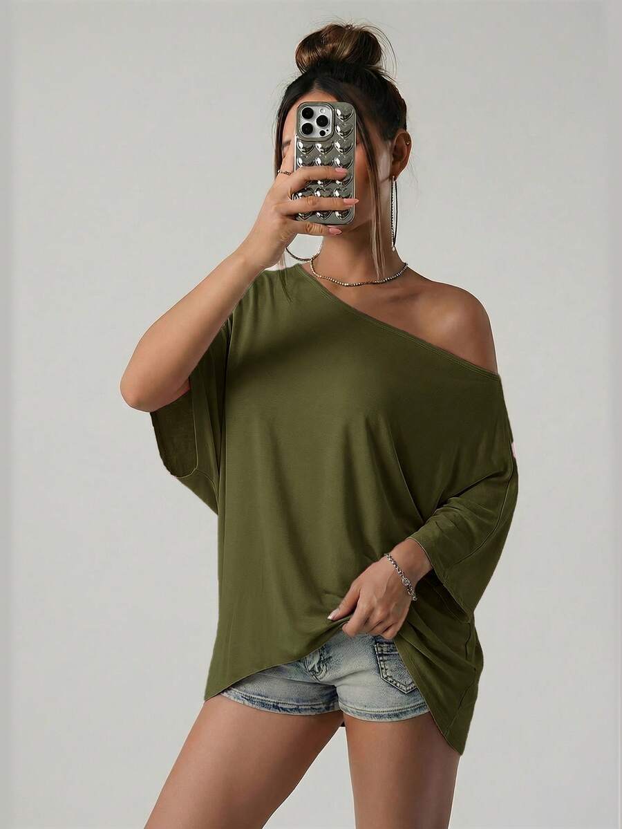 SHEIN ICON 美式街头休闲风不对称肩部宽松纯黑色T恤 - 軍綠色 - 查看 1