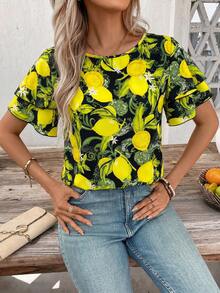 SHEIN Clasi 女款夏季檸檬圖案印花圓領荷葉邊袖口上衣 - 黑色 - 查看 6